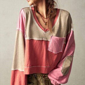 Multicolor Casual Women's V-Neck Loose Sweatshirt